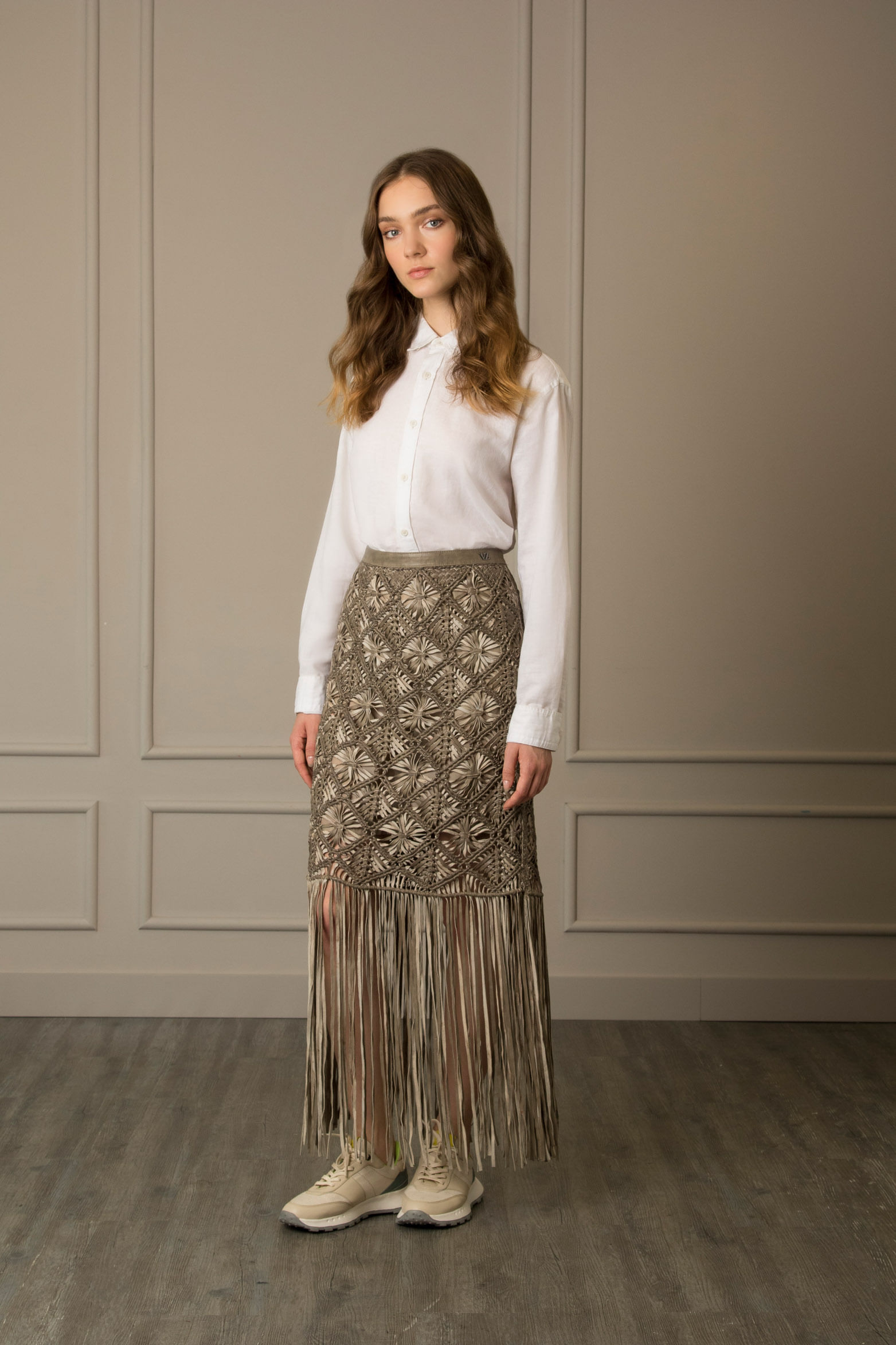 Falda eucalipto de cuero para mujer macramé Cafe