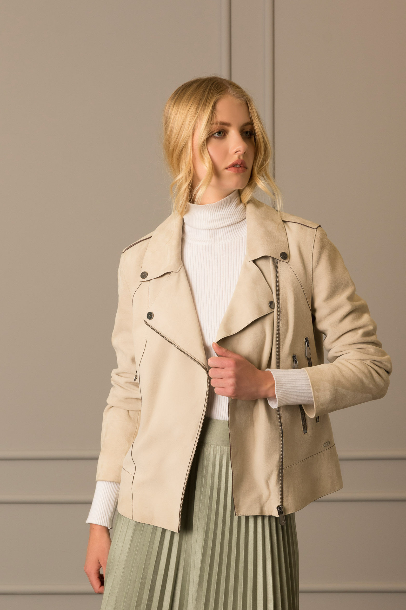 Chaqueta biker en gamuza ovina para mujer mora Beige