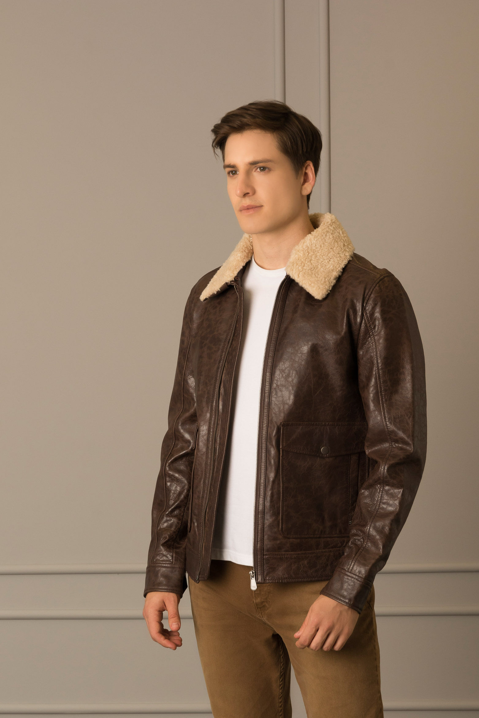Chaqueta aviador amber de cuero para hombre cuello ovejero Cafe