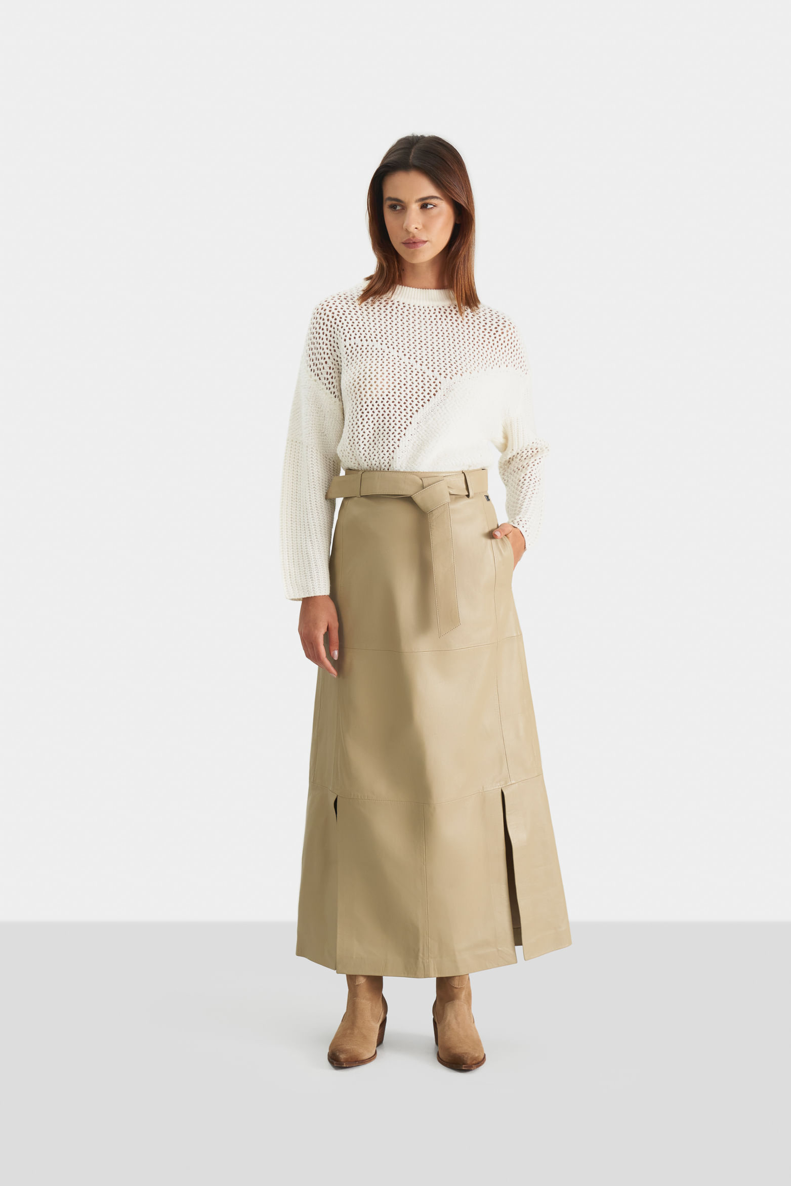 Falda maxi arándano de cuero para mujer tiro alto