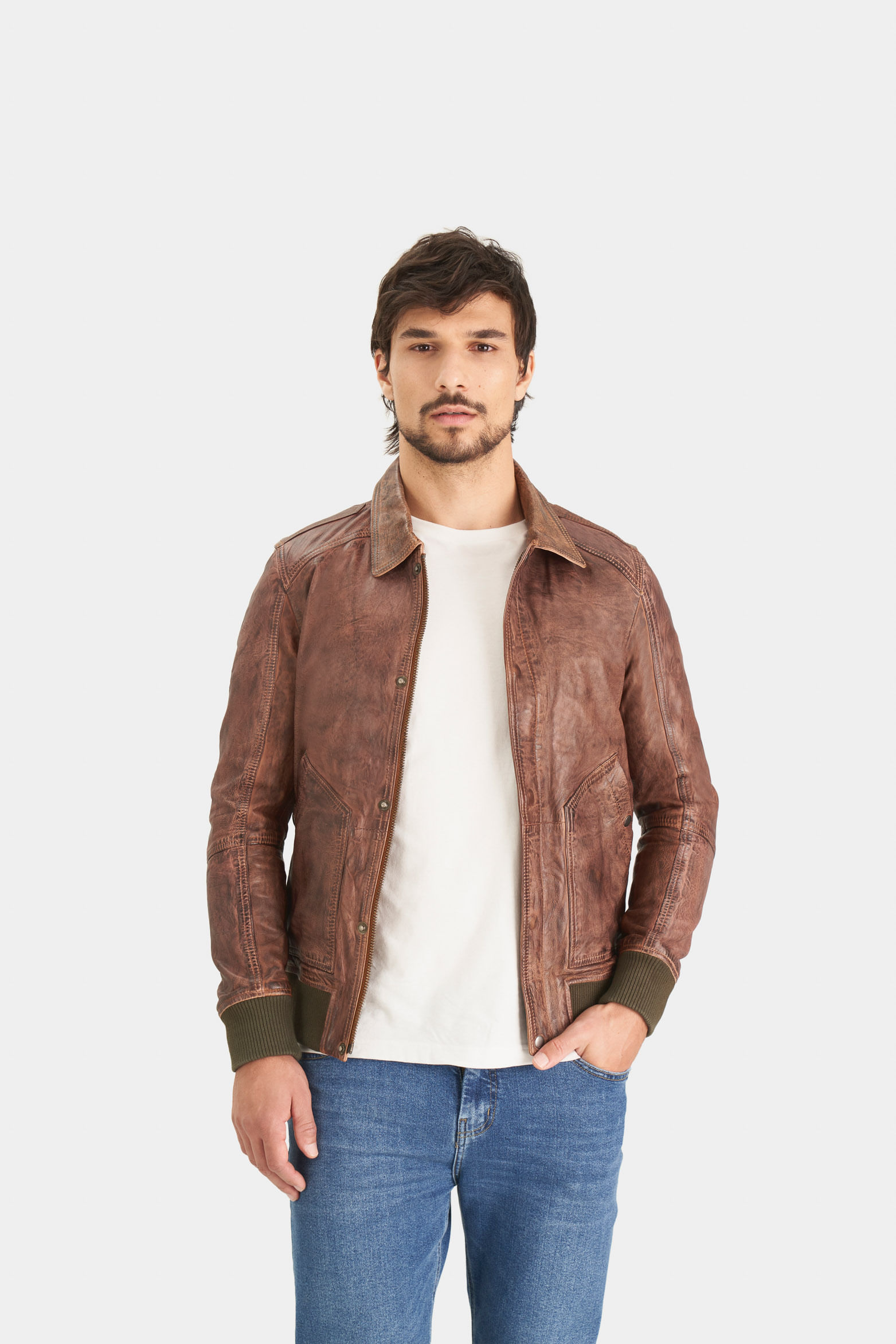 Chaqueta scorpius de cuero para hombre cuello camisero