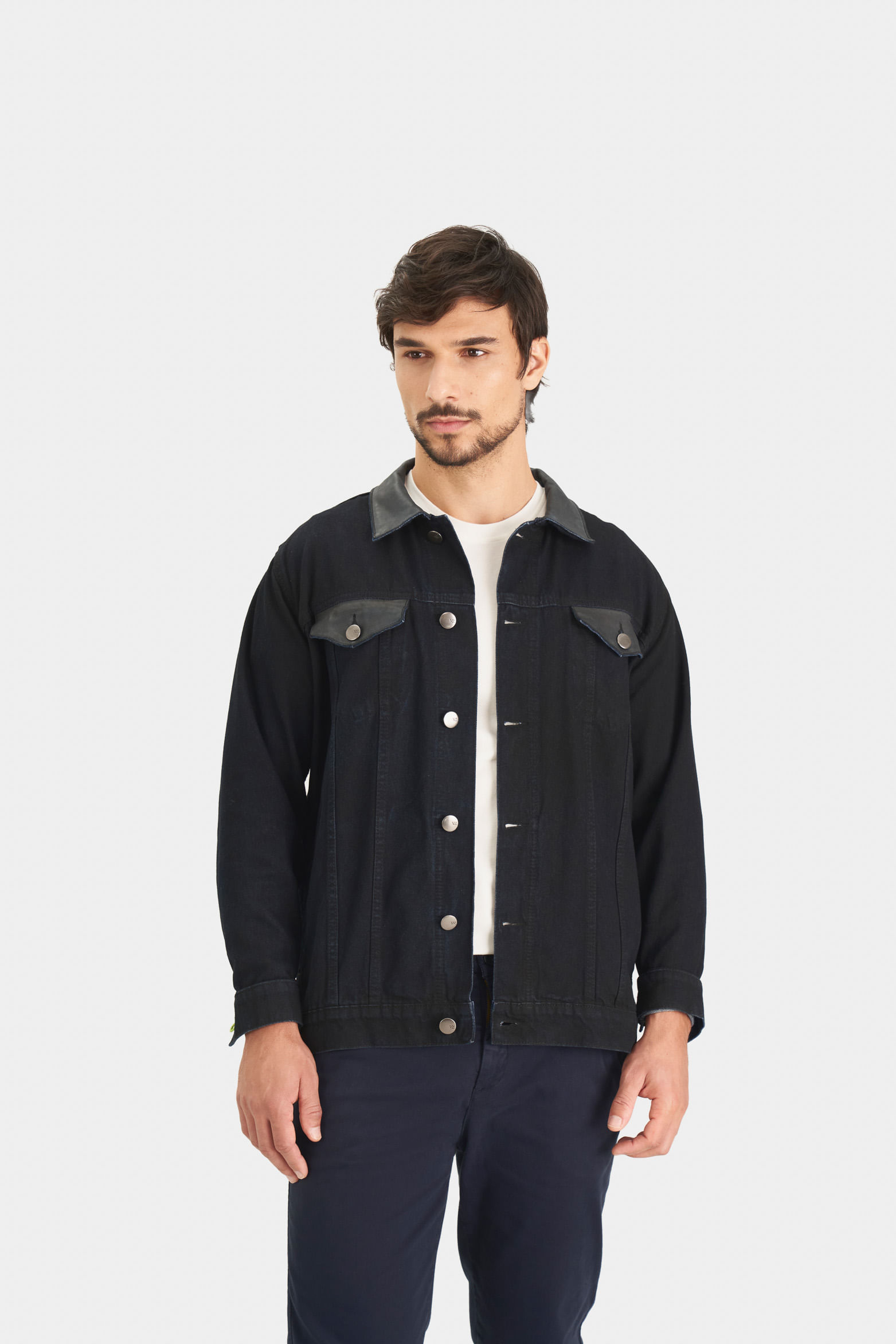 Chaqueta trucker elur blue denim para hombre detalles cuero