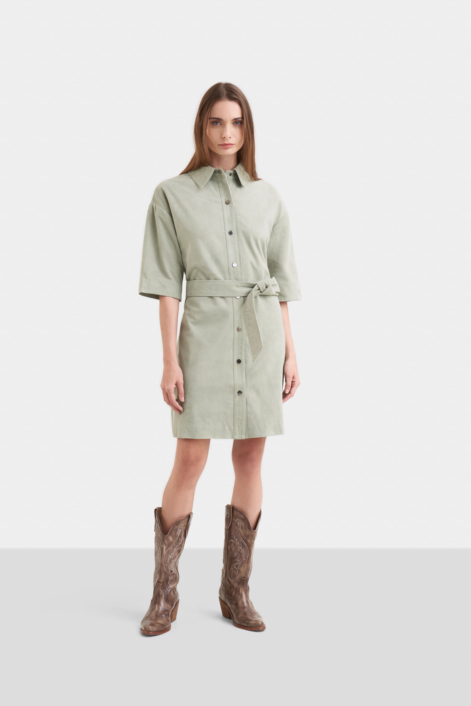 Vestido camisero neu de cuero gamuza para mujer perilla con broches