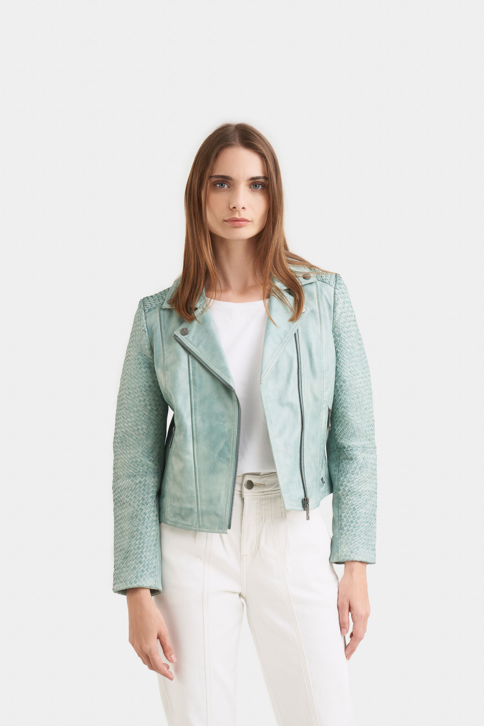 Chaqueta biker seta de cuero para mujer tejido en mangas