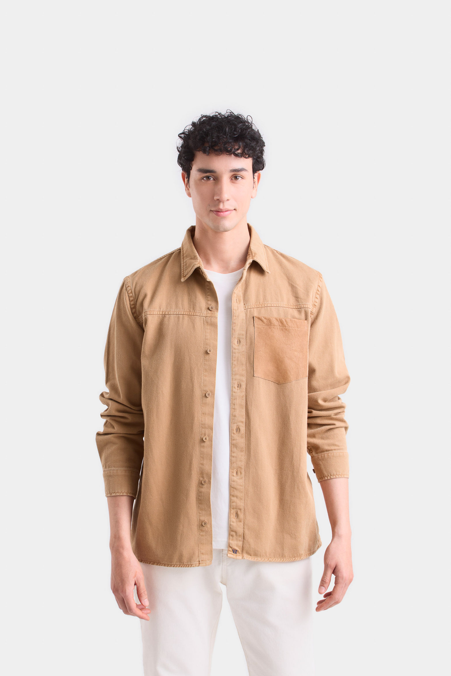 Sobrecamisa duna manga larga de algodón para hombre bolsillo en cuero