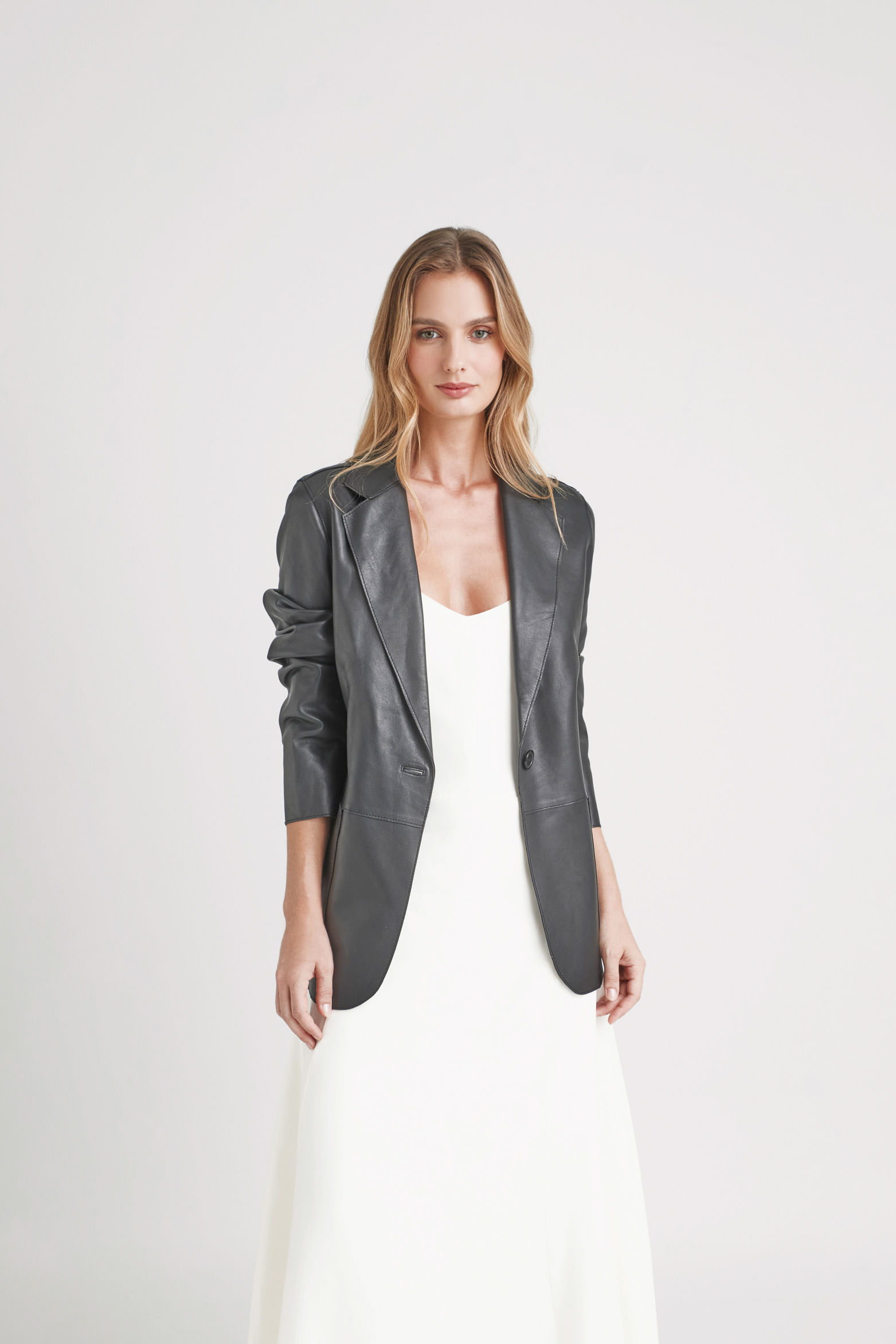 Blazer astromelia en cuero ovino para mujer silueta recta