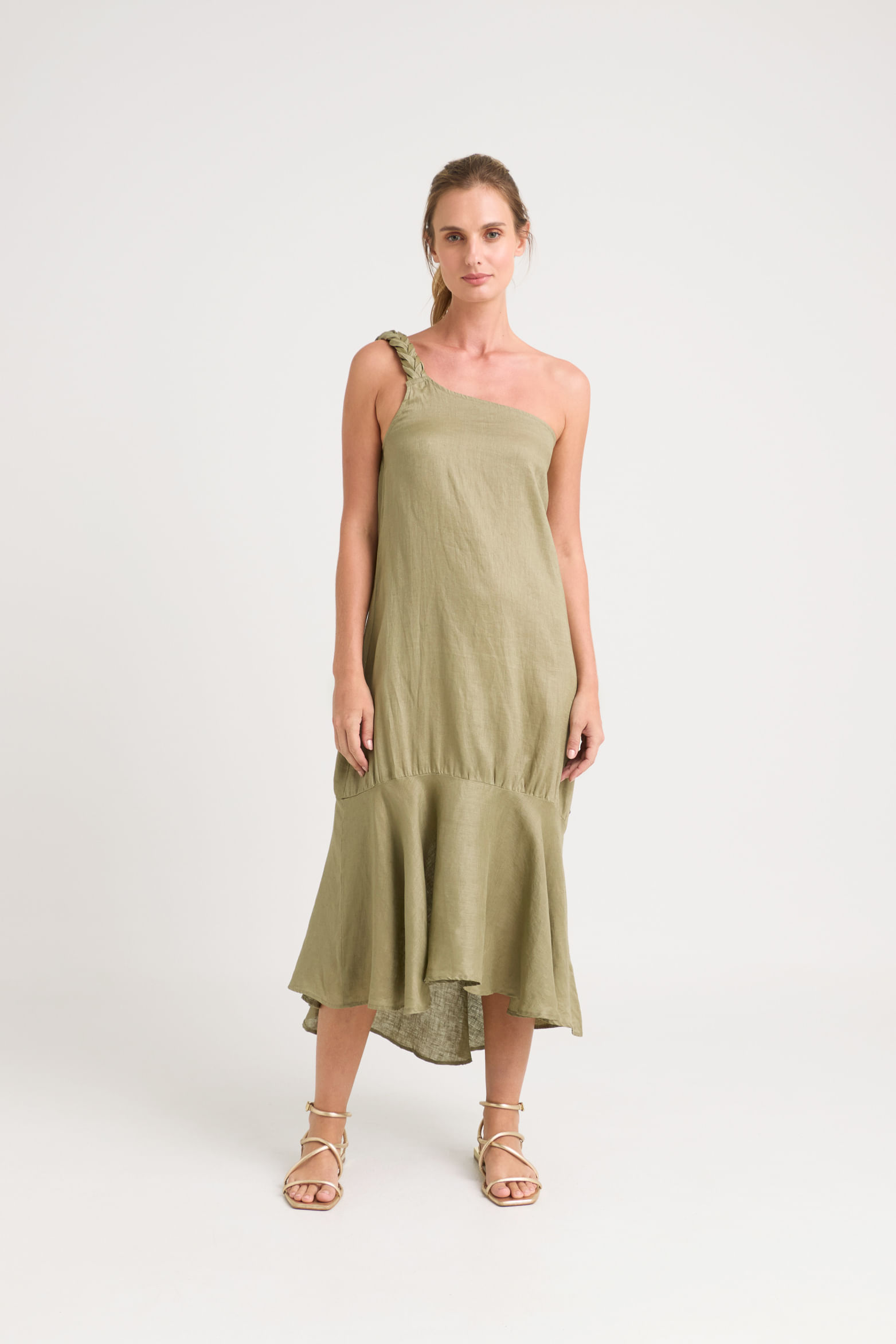 Vestido midi aurora en lino para mujer cargadera trenzada