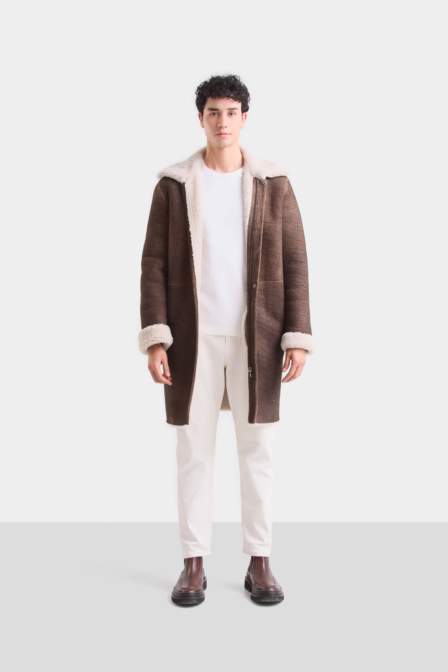 Long coat de cuero para hombre cierre interno