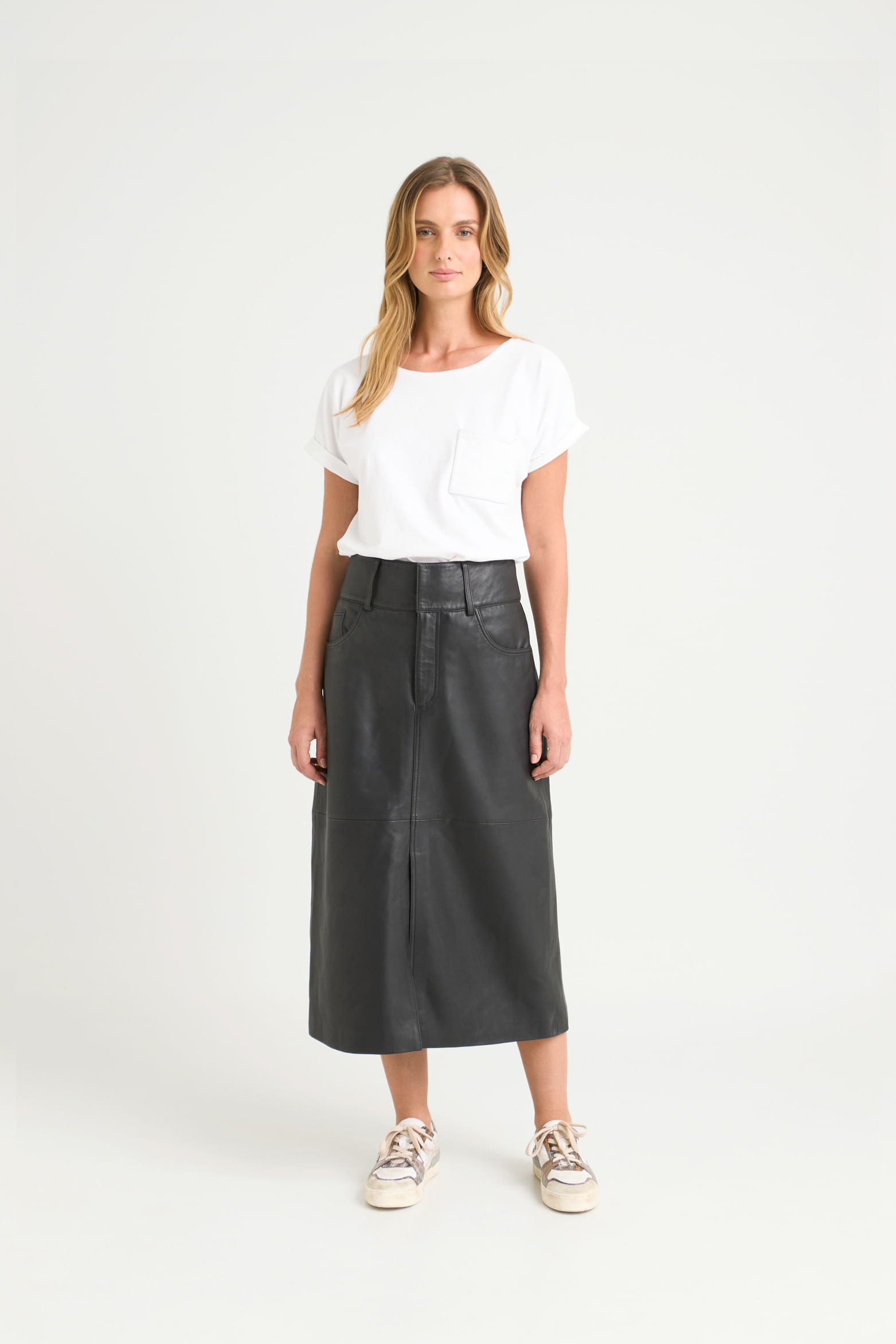 Falda calas midi de cuero para mujer abertura en ruedo