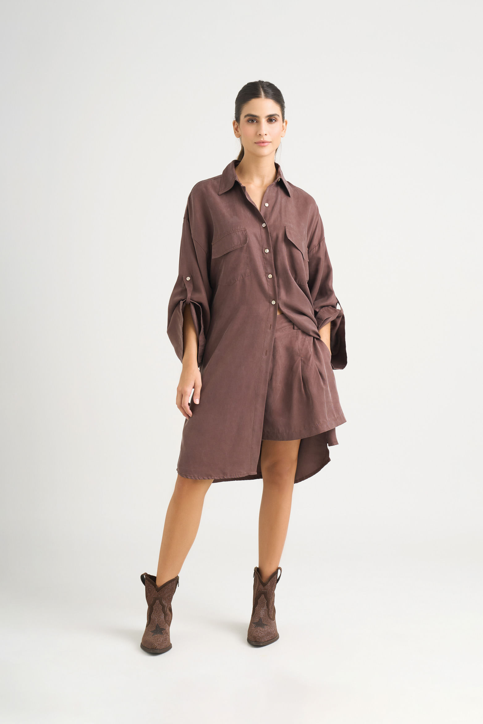 Camisa maxi misolis en tejido plano para mujer efecto diagonal