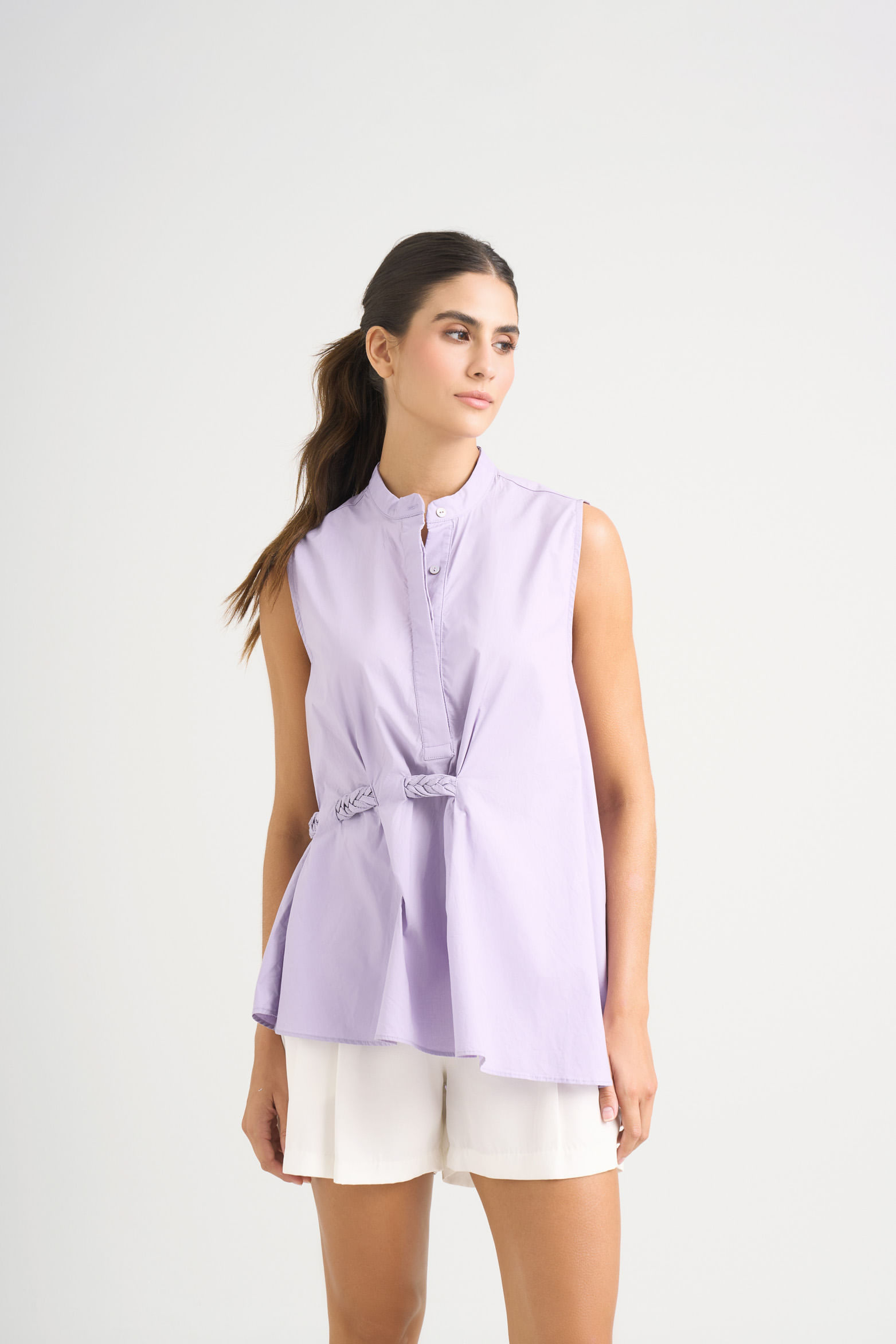 Camisa bolet en tejido plano para mujer detalle trenzado