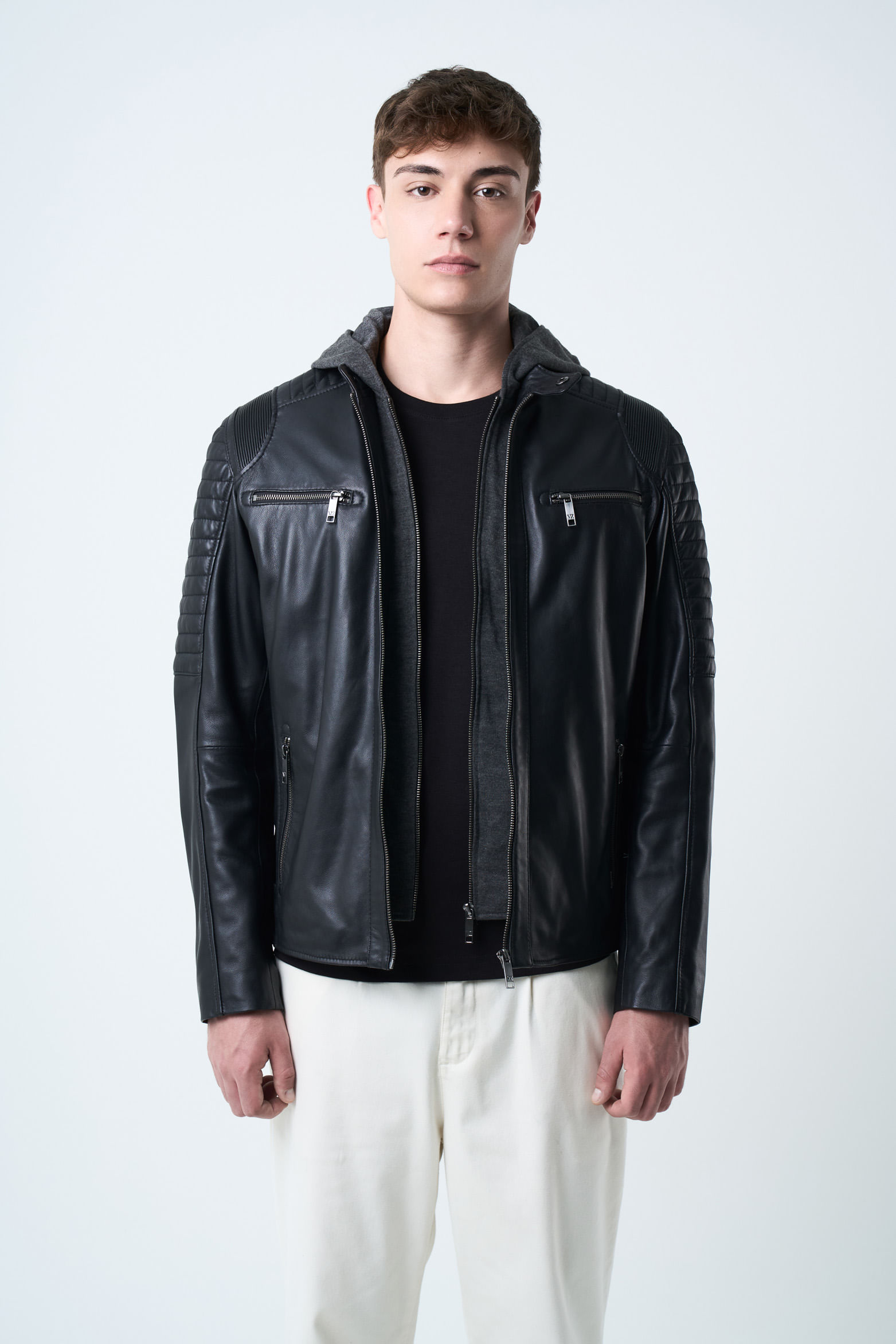 Chaqueta belmont de cuero para hombre capucha y pechera