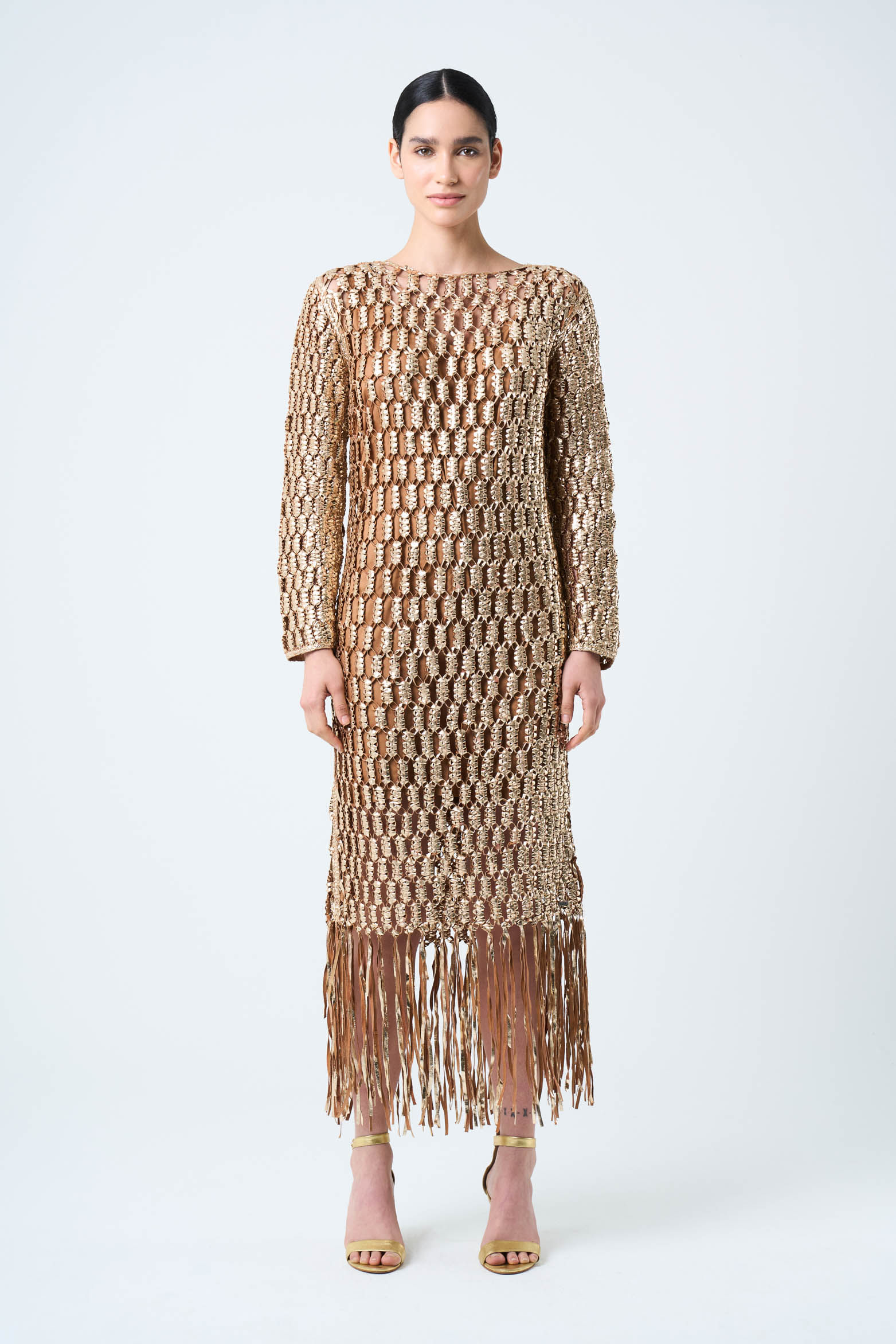 Vestido tejido Macramé de cuero ovino para mujer efecto metalizado