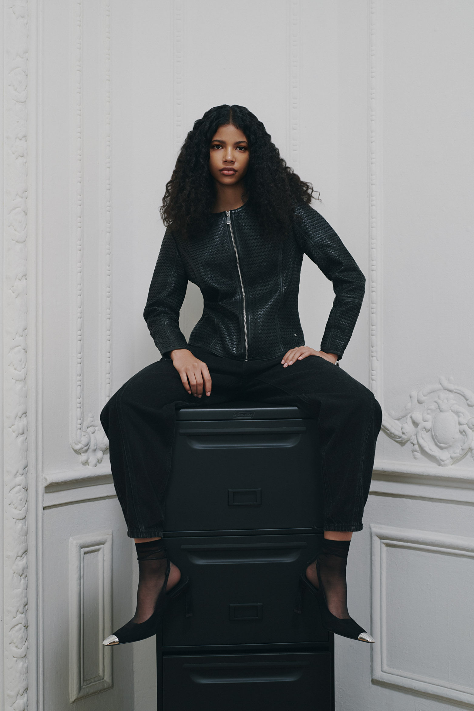 Chaqueta de cuero tejido para mujer Woven