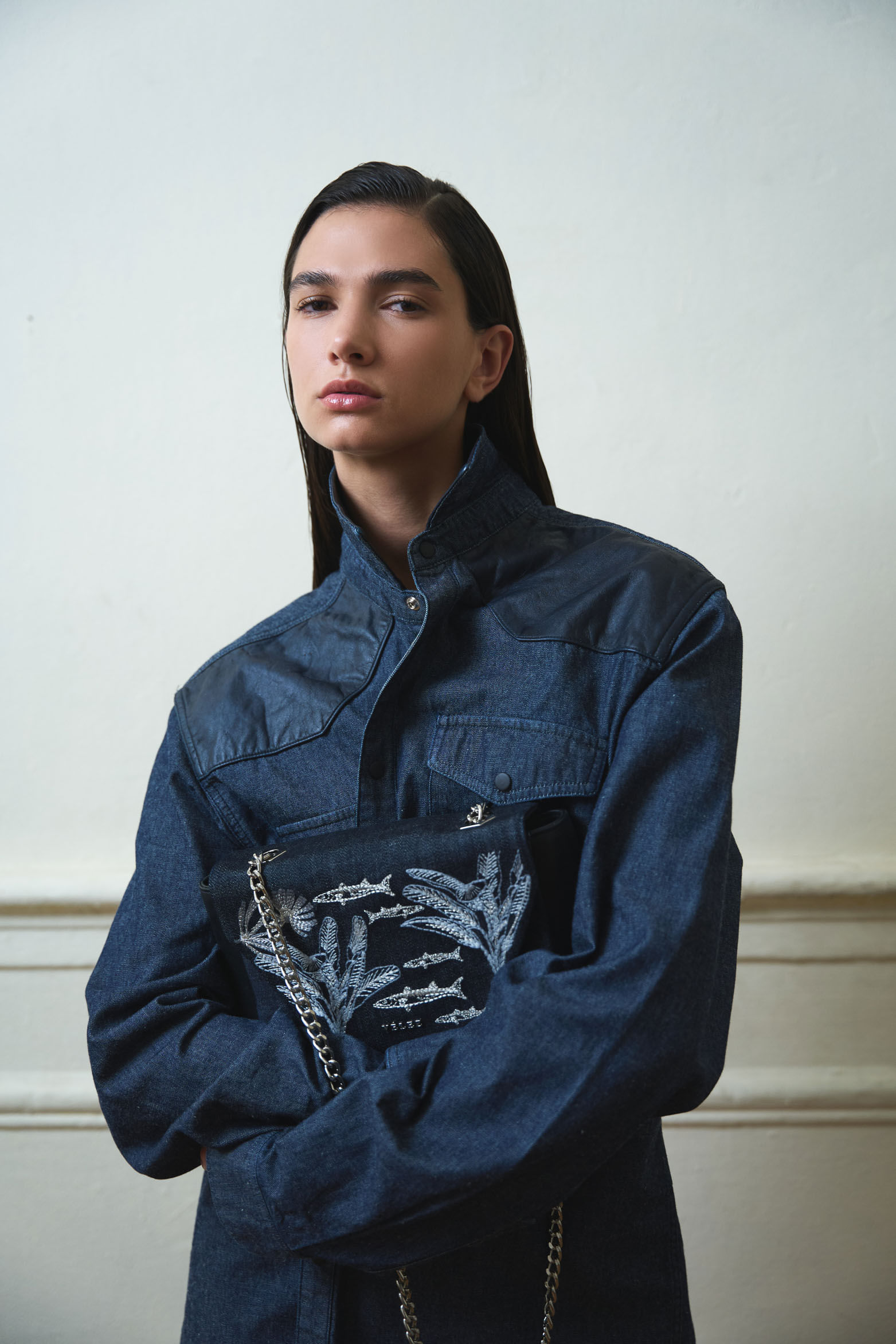 Bowling Lili en denim y cuero para mujer bordado