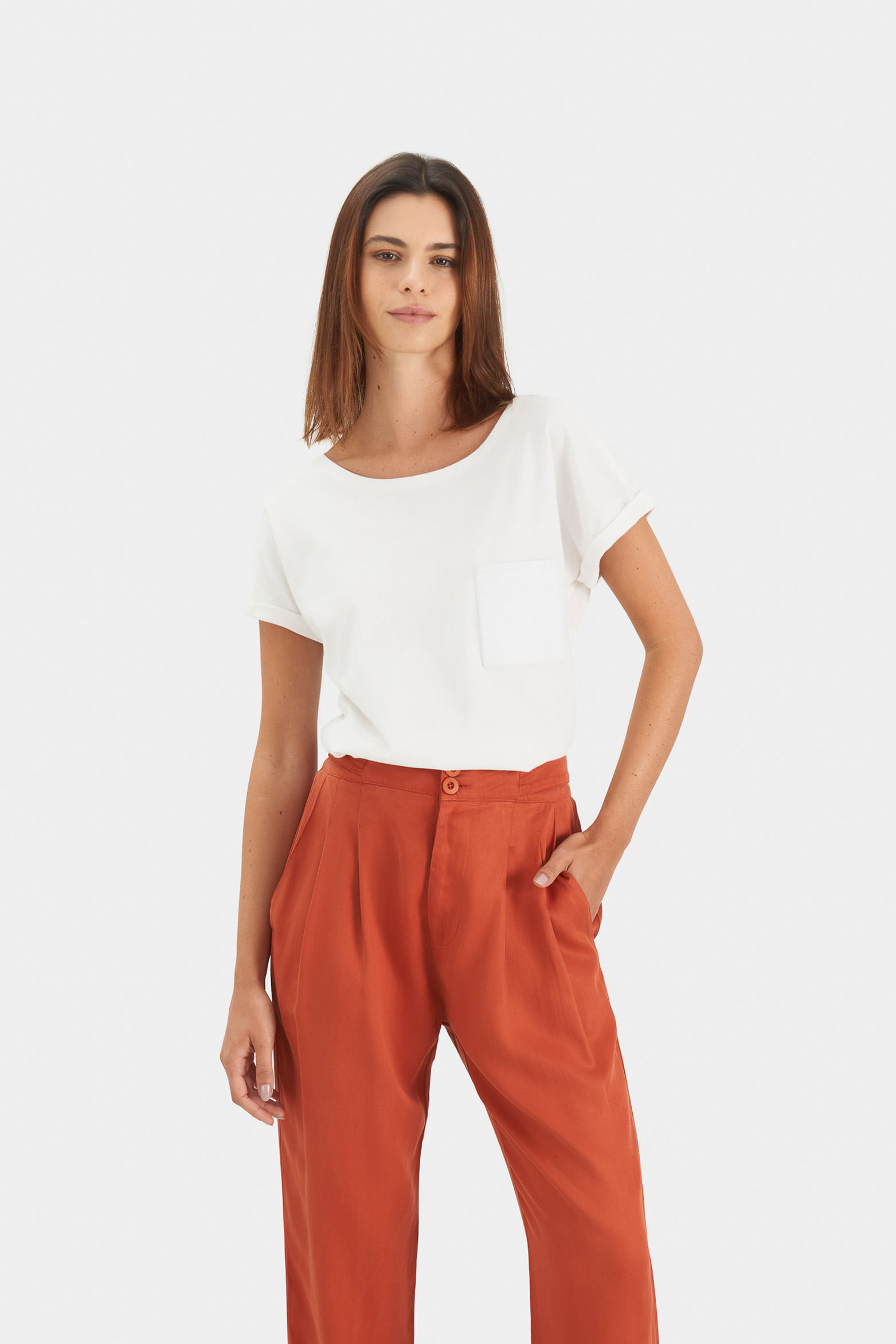 Camiseta manga corta para mujer bolsillo cuero