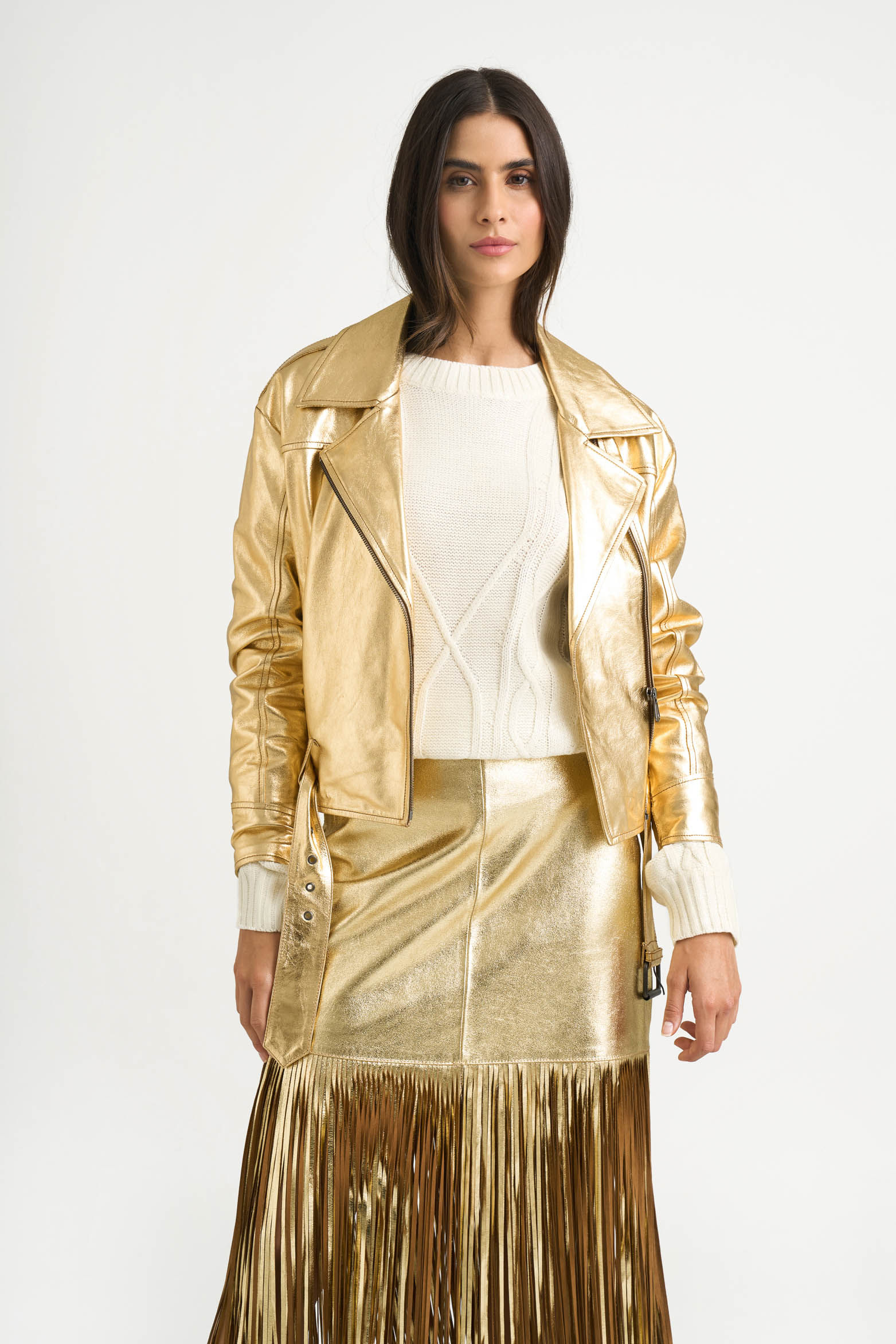 Chaqueta biker thaila de cuero para mujer acabado metalizado