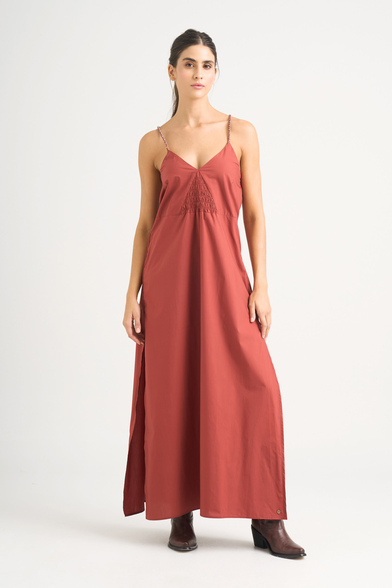 Vestido maxi Celeste en tejido plano para mujer detalle trenzado