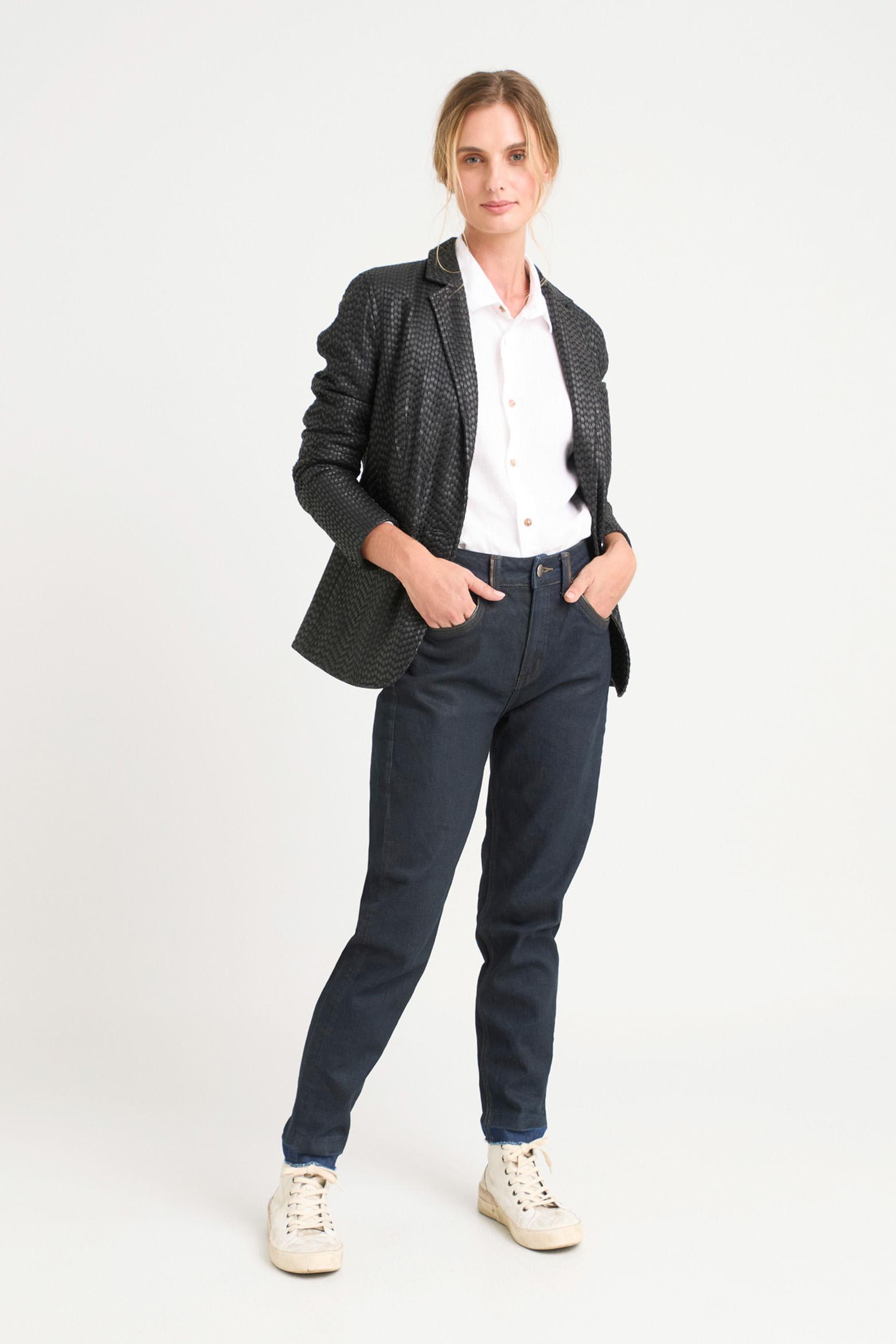 Jean tulipan tiro alto en denim stretch para mujer semi ajustado