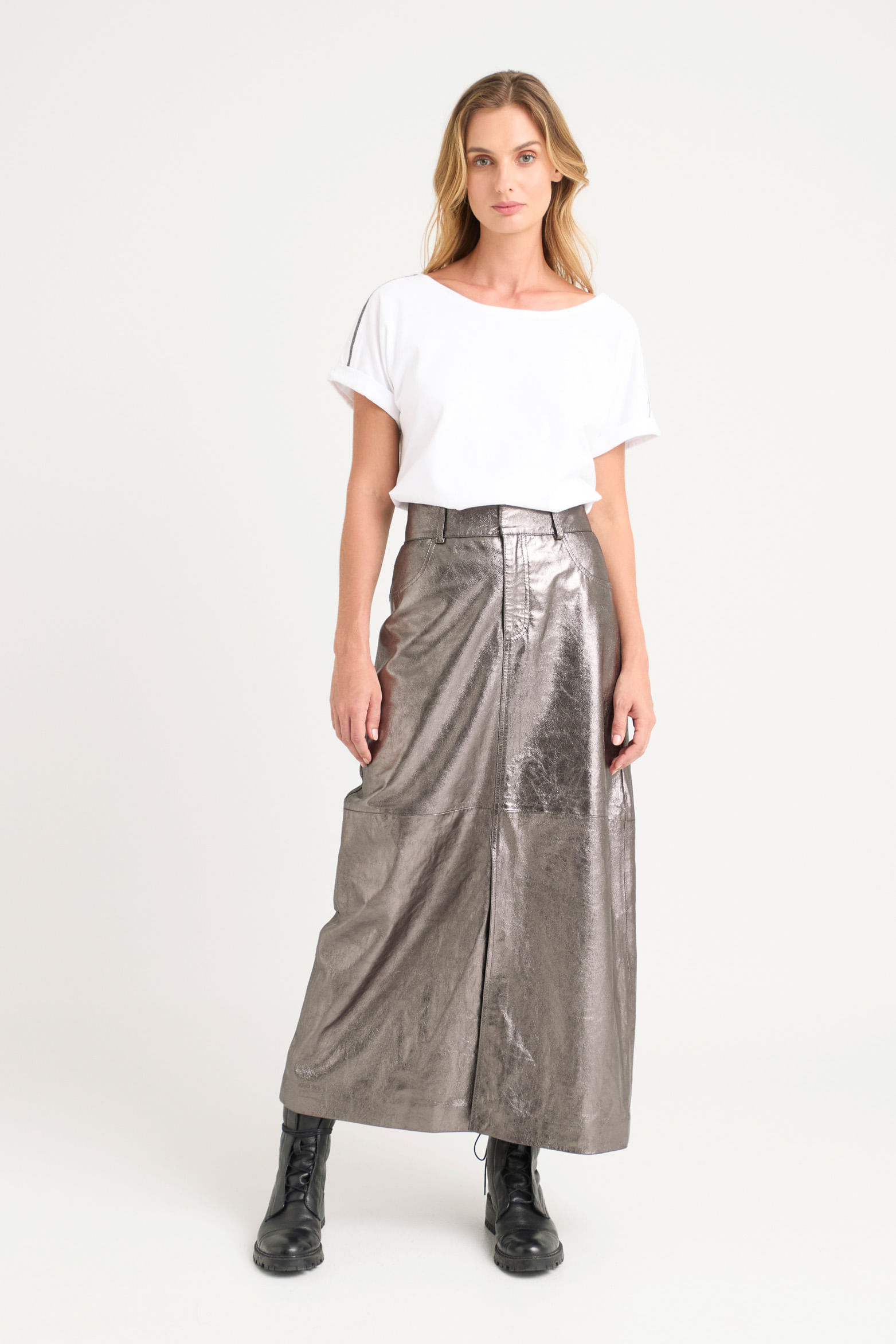 Falda calas de cuero gamuza para mujer efecto metalizado