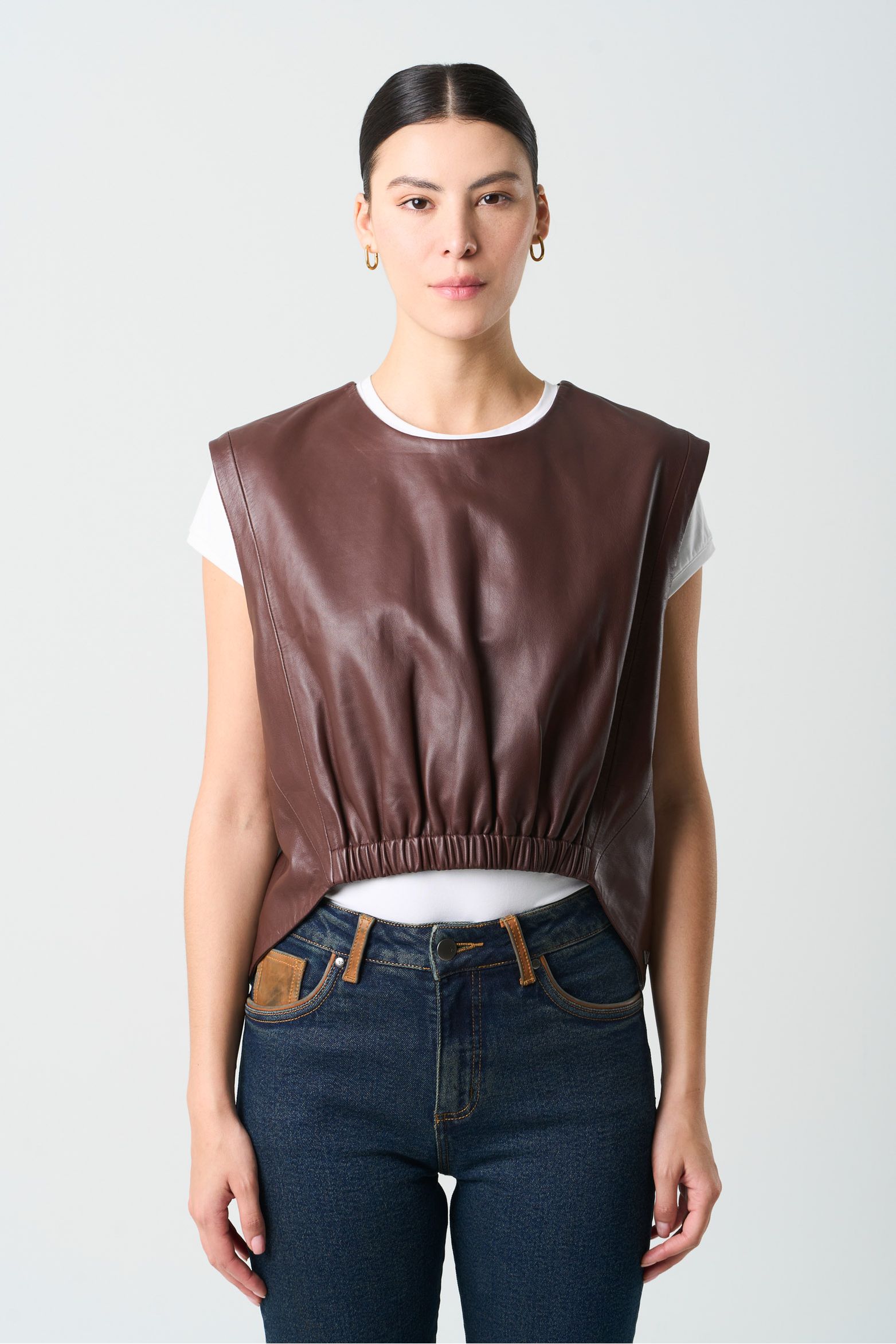 Camisa iris de cuero para mujer elástico delantero